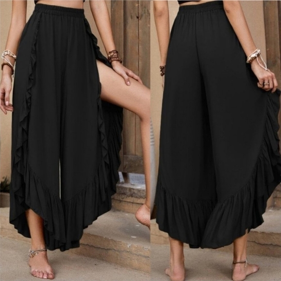 Ruffle Hem Wide Leg Pants black - Picture 1 of 8